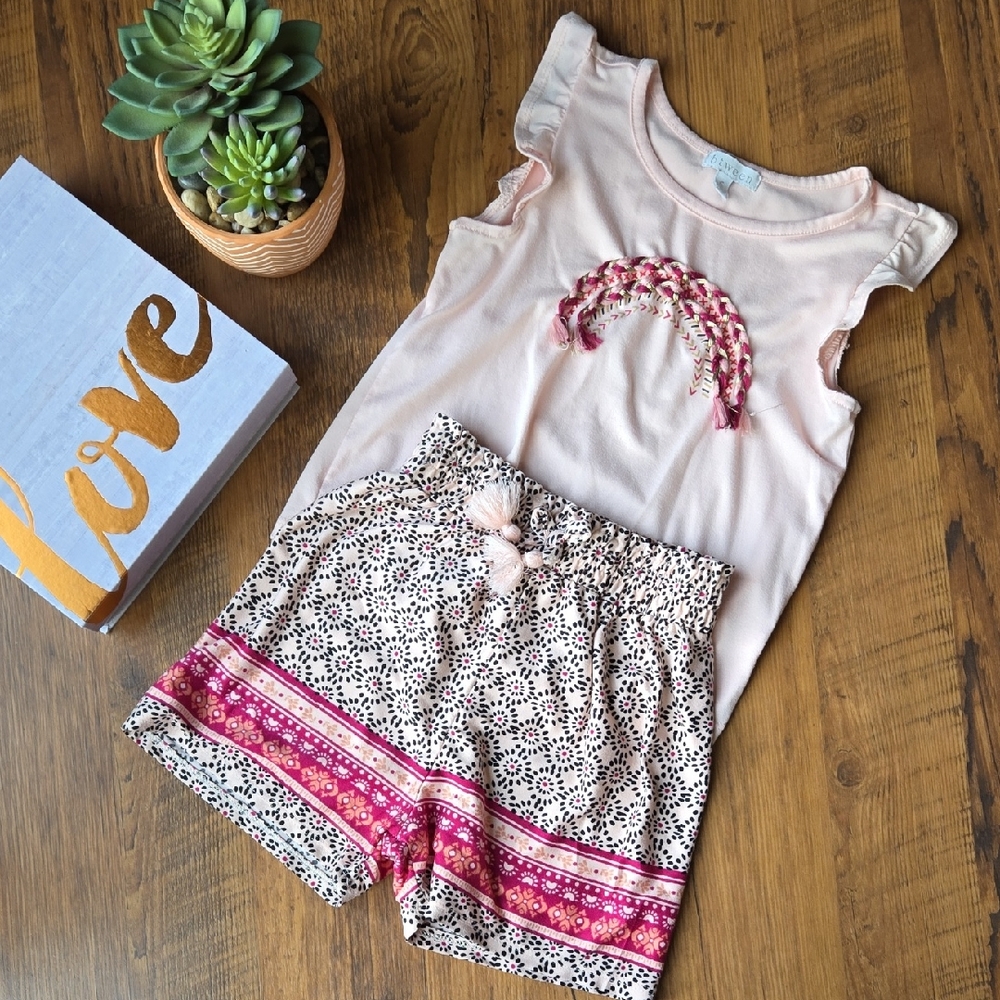 Girls Btween Size 6 MatchingPink/Cream Sleeveless Rainbow Top w/Patterned Shorts